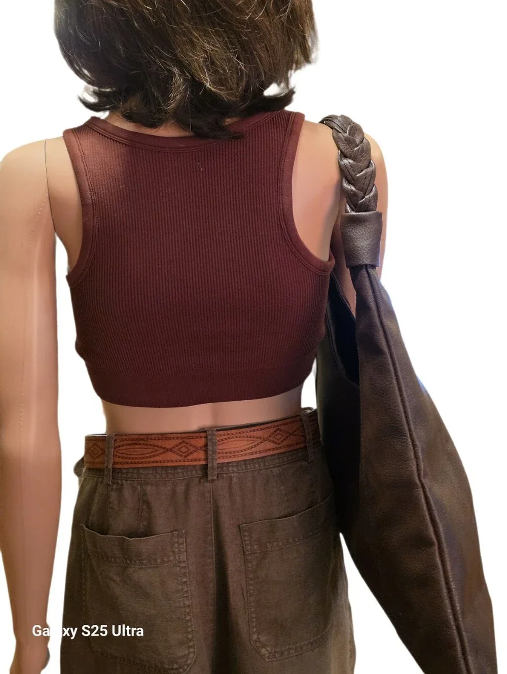 Terramar Chic Chocolate Brown Faux Leather Hobo Bag Braided Strap Accent Beads